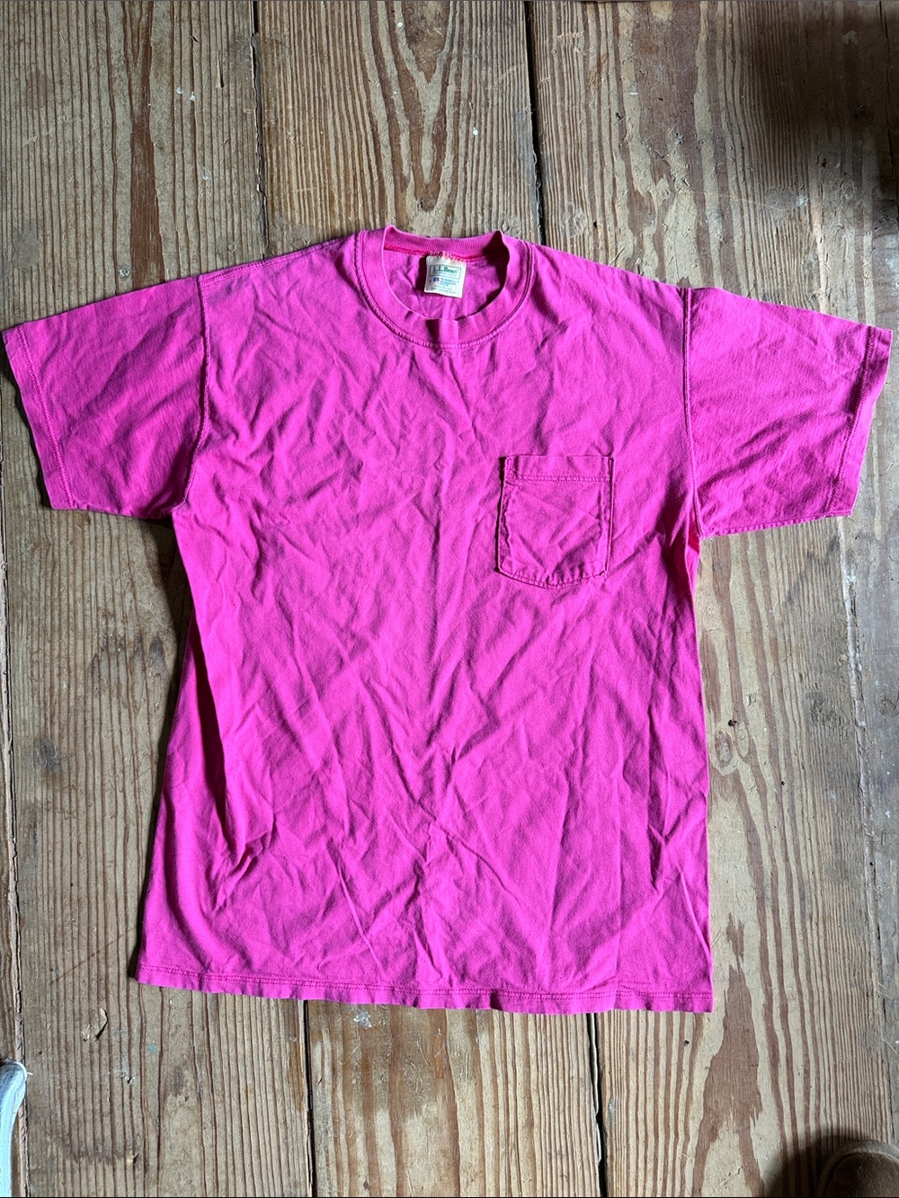 L.L. Bean Men's Short-Sleeve Pocket T-Shirt in Bright Pink, small holes in back